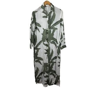 BigHit Dress Women S Green White Palm Banana Leaf Button Down Long Sleeve Boho